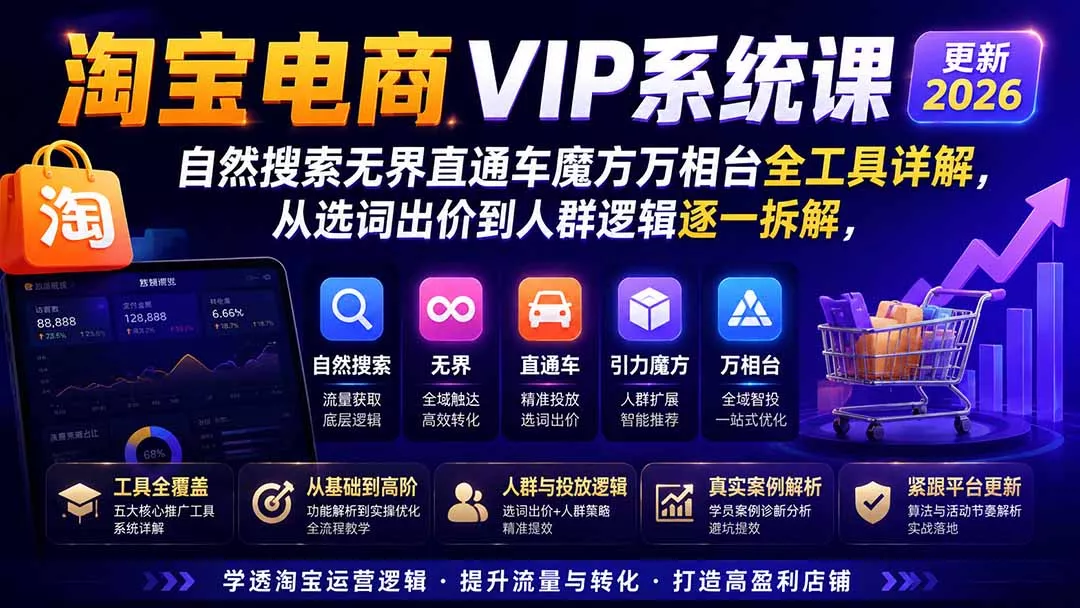 淘宝电商VIP系统课-更新8月;自然搜索无界直通车魔方万相台全工具详解,从选词出价到人群逻辑逐一拆解_抖汇吧
