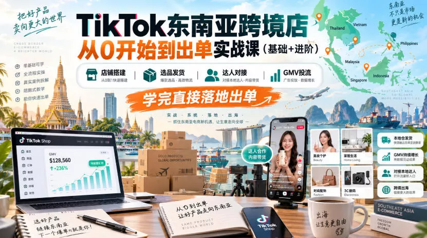 TikTok东南亚跨境店从0开始到出单实战课（基础+进阶），店铺搭建、选品发货、达人对接、GMV投流，学完直接落地出单_抖汇吧