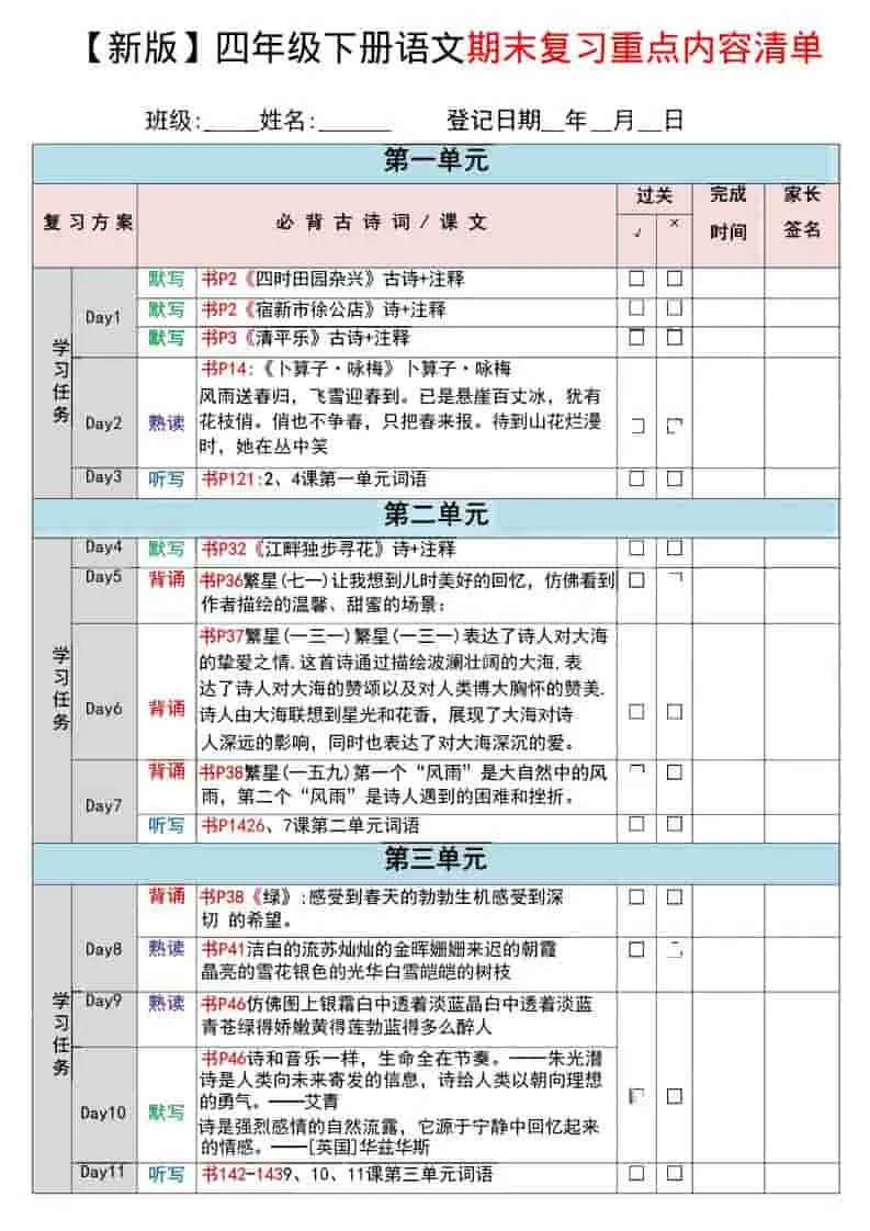 四年级下语文期末复习重点知识清单