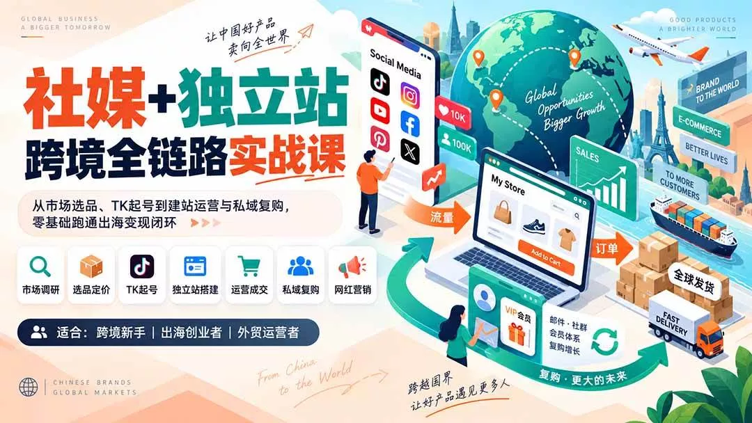 （20361期）社媒+独立站跨境全链路实战课：从市场选品、TK起号到建站运营与私域复购，零基础跑通出海变现闭环_抖汇吧