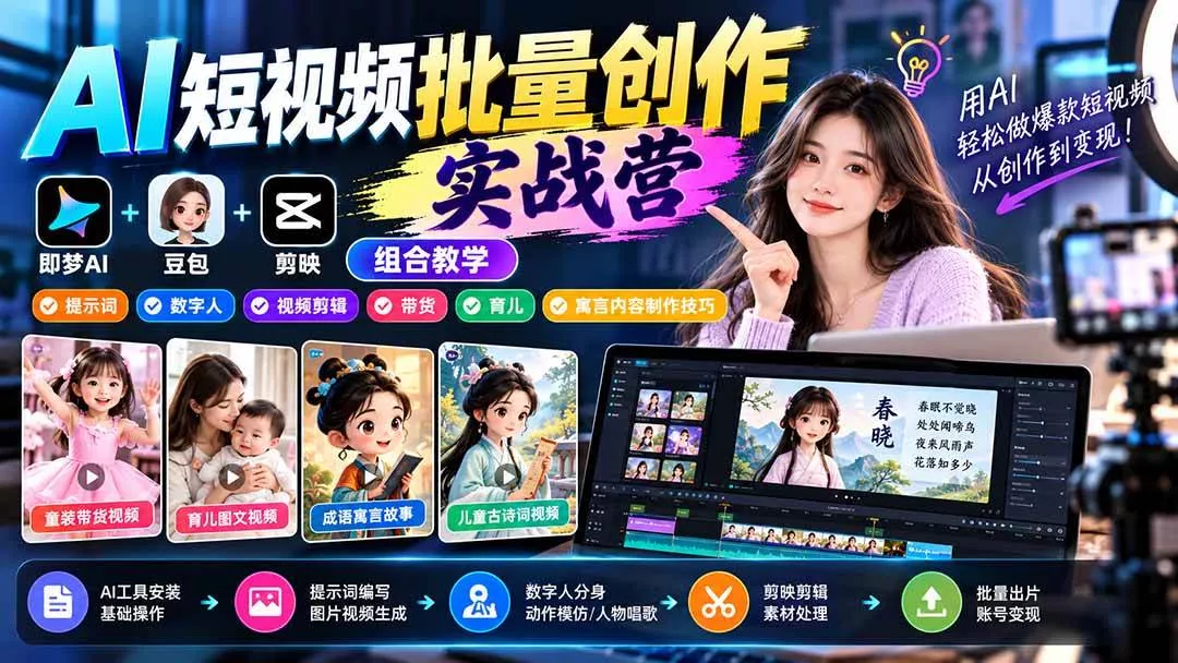 （21039期）【无水印】AI短视频批量创作实战营：即梦+豆包+剪映组合教学，提示词/数字人/视频剪辑/带货/育儿/寓言内容制作技巧_抖汇吧