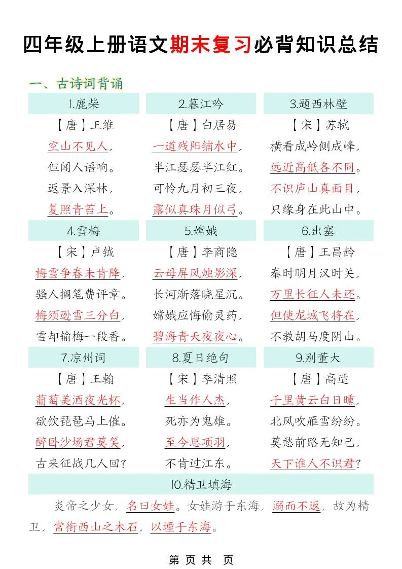 四年级上语文期末复习必背知识总结