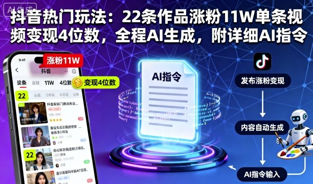 抖音热门玩法：22条作品涨粉11W单条视频变现4位数，全程AI生成，附详细AI指令_抖汇吧