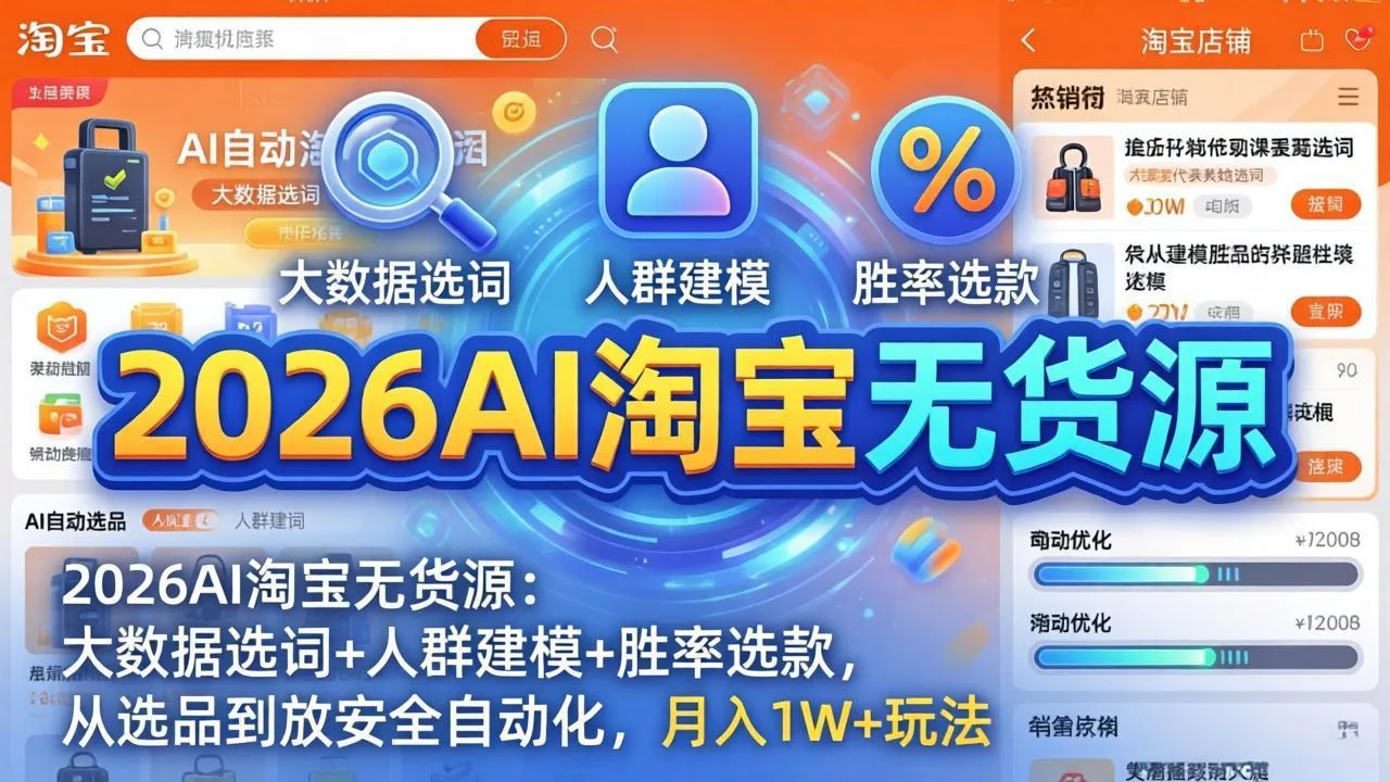 2026AI淘宝无货源：大数据选词+人群建模+胜率选款，从选品到放大全自动化，月入1W+玩法_抖汇吧