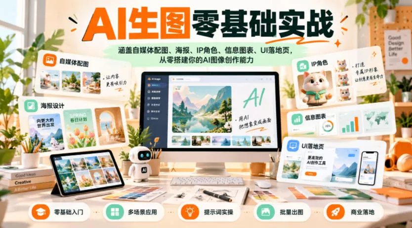AI生图零基础实战,涵盖自媒体配图、海报、IP角色、信息图表、UI落地页,从零搭建你的AI图像创作能力 AI生图零基础实战,涵盖自媒体配图、海报、IP角色、信息图表、UI落地页,从零搭建你的AI图像创作能力