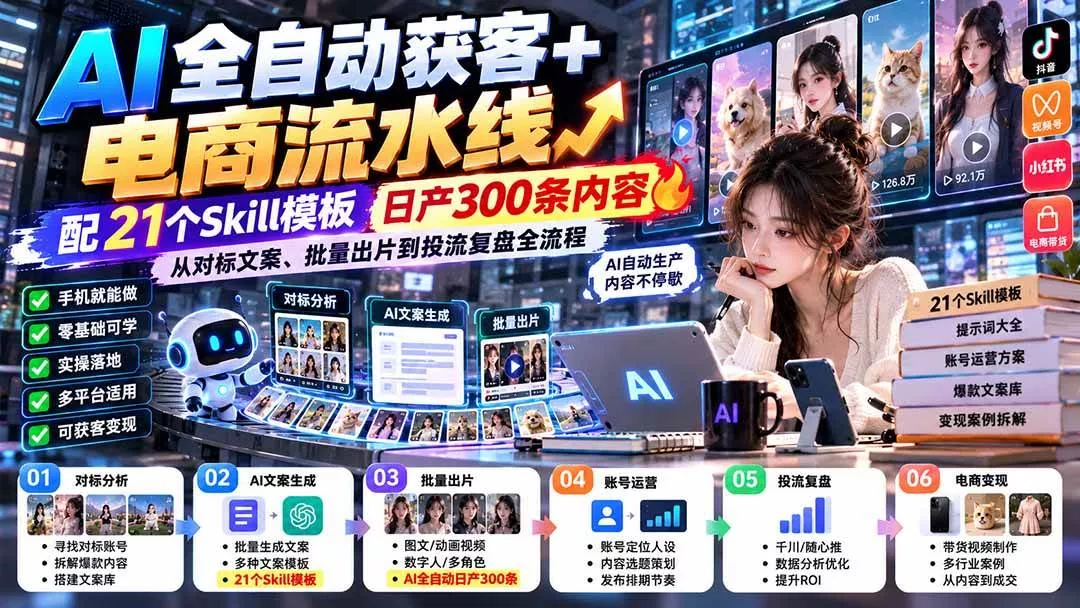 （20701期）【无水印】AI全自动获客+电商流水线-更新0928：配21个Skill模板，日产300条内容，从对标文案、批量出片到投流全流程_抖汇吧