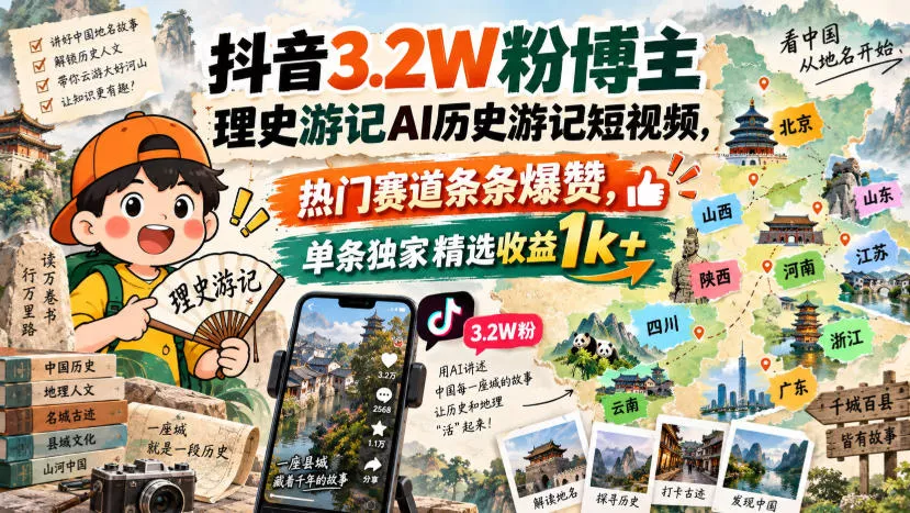 抖音3.2W粉博主理史游记AI历史游记短视频教学，热门赛道条条爆赞，单条独家精选收益1k+_抖汇吧