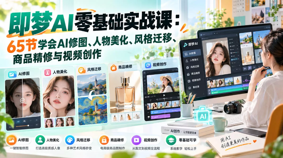 即梦AI零基础实战课：65节学会AI修图、人物美化、风格迁移、商品精修与视频创作_抖汇吧