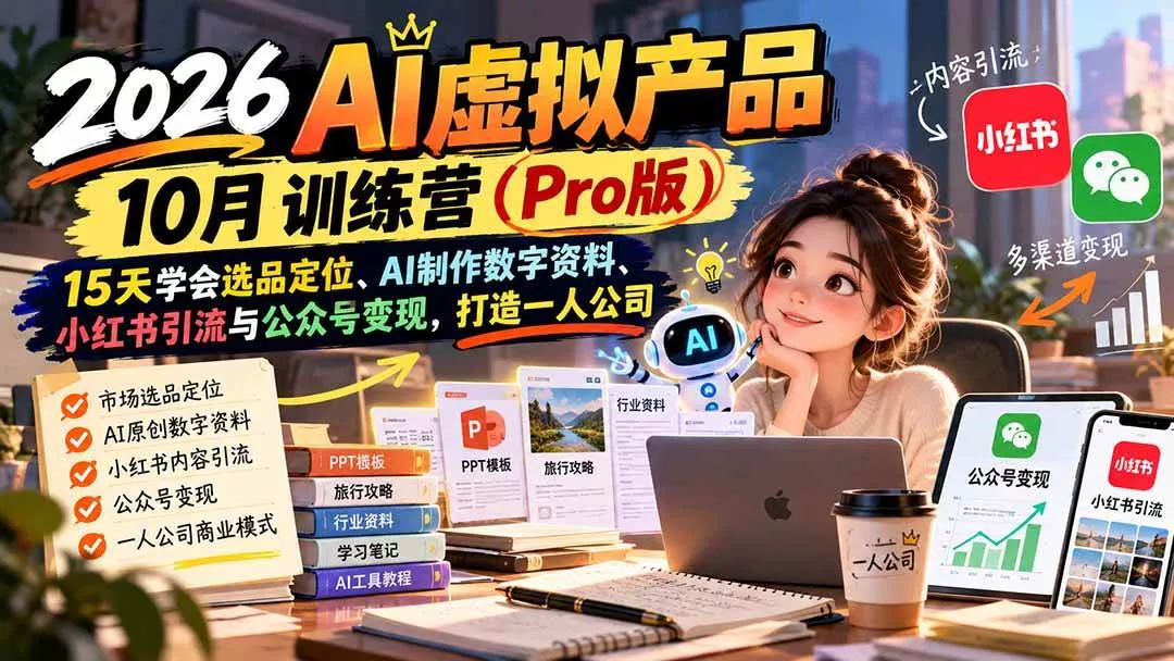 （21054期）2026AI虚拟产品10月训练营（Pro版）：15天学会选品定位、AI制作数字资料、小红书引流与公众号变现，打造一人公司_抖汇吧