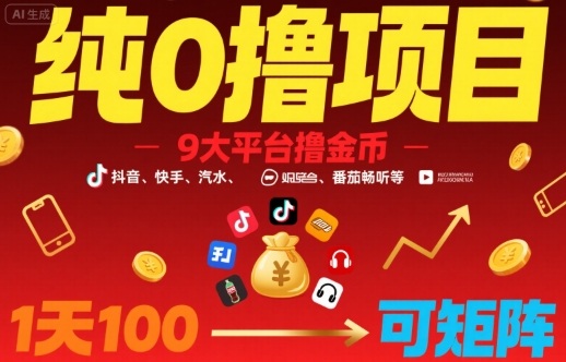 纯0撸项目，9大平台撸金币，抖音，快手，汽水，番茄畅听等，1天100，可矩阵_抖汇吧