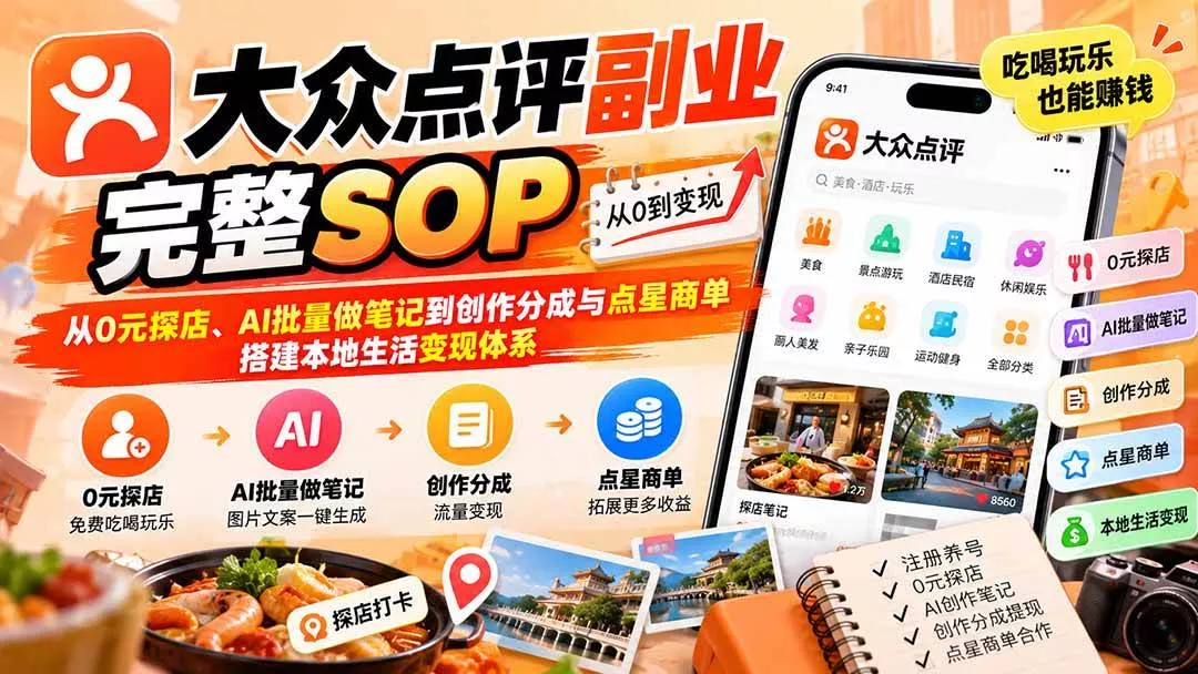 （20638期）【无水印】大众点评副业完整SOP：从0元探店、AI批量做笔记到创作分成与点星商单，搭建本地生活变现体系_抖汇吧