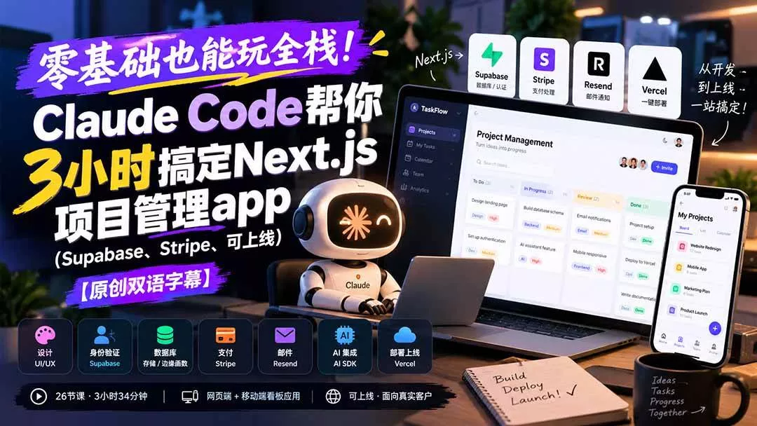 （20907期）零基础也能玩全栈！Claude Code帮你3小时搞定Next.js项目管理app（Supabase、Stripe、可上线）【原创双语字幕】_抖汇吧