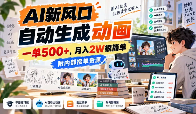 AI新风口,自动生成动画,一单500+,月入2W很简单,附内部接单资源【揭秘】_抖汇吧
