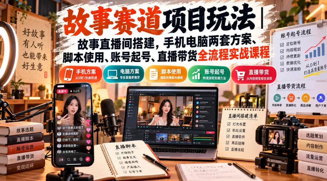 故事赛道项目玩法｜故事直播间搭建，手机电脑两套方案、脚本使用、账号起号、直播带货全流程实战课程_抖汇吧