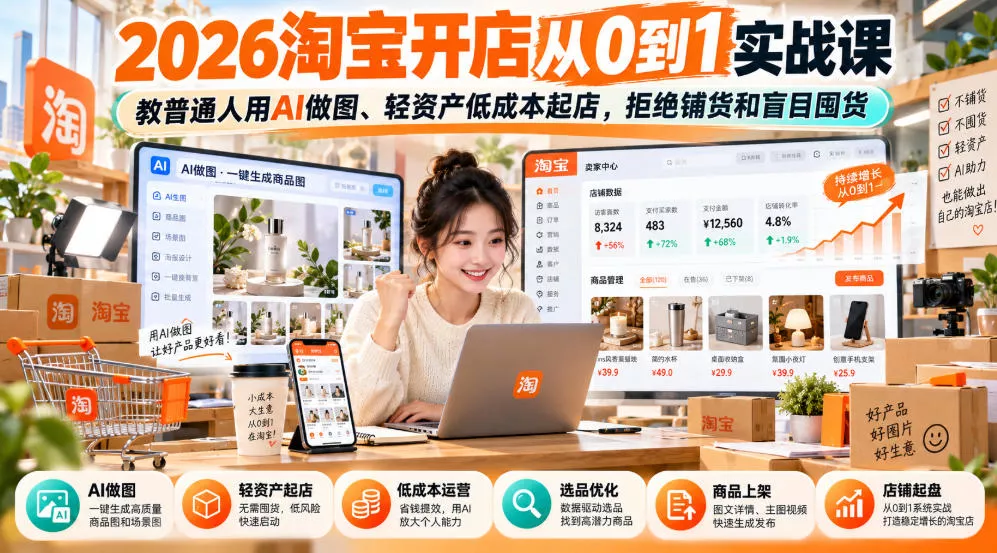 2026淘宝开店从0到1实战课，教普通人用AI做图、轻资产低成本起店，拒绝铺货和盲目囤货_抖汇吧