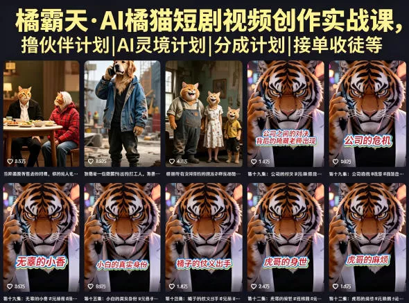 橘霸天·AI橘猫短剧视频创作实战课,撸伙伴计划|AI灵境计划|分成计划|接单收徒等