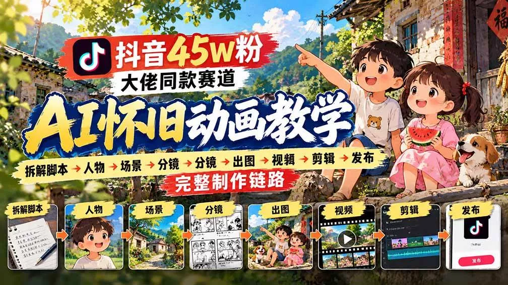 （20781期）抖音45W粉大佬同款赛道AI怀旧动画教学：拆解脚本→人物→场景→分镜→出图→视频→剪辑→发布完整制作链路_抖汇吧