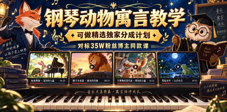 钢琴动物寓言教学，可做精选独家分成计划，对标35W粉丝博主同款课 9月抖音全新精选赛道玩法，10w粉丝博主的动漫钢琴短视频制作教学，制作简单，小白也能轻松解锁抖音精选收益_抖汇吧