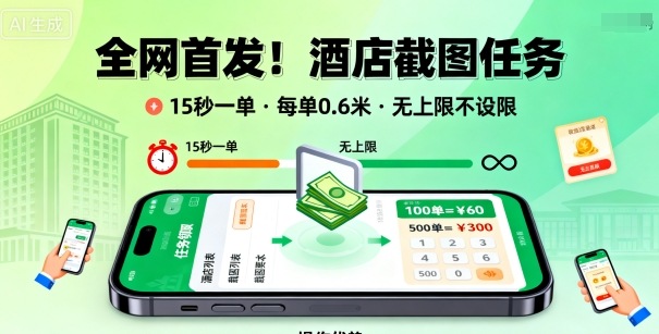 全网首发！酒店截图任务，15秒一单，每单0.6米，任务无上限不设限，矩阵操作单日3张到手【揭秘】_抖汇吧