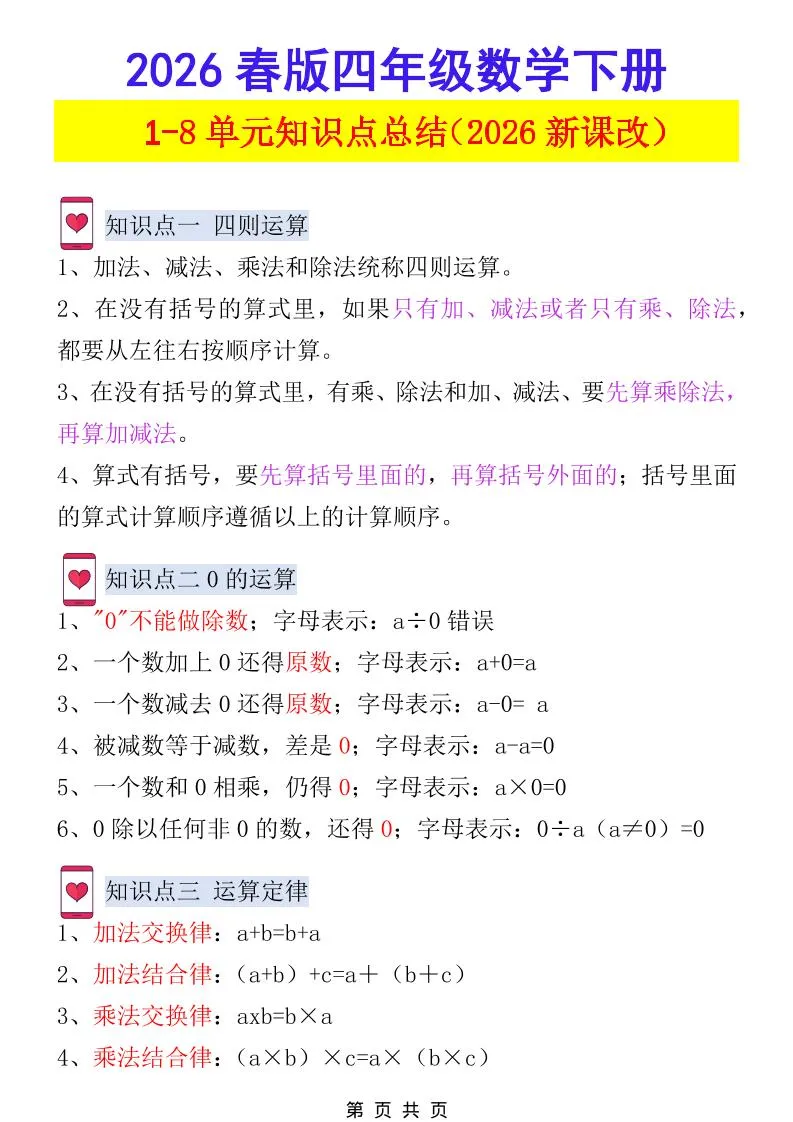2026春新版四年级下数学1-8单元知识点总结《人教版》