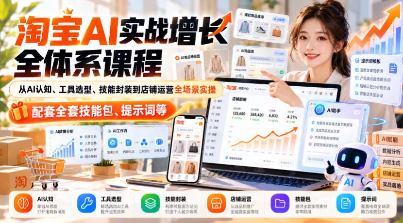 【无水印】淘宝AI实战增长全体系课程,从AI认知、工具选型、技能封装到店铺运营全场景实操,配套全套技能包、提示词等