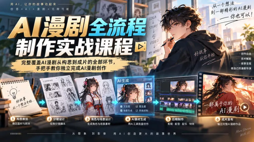 AI漫剧全流程制作实战课程，完整覆盖AI漫剧从构思到成片的全部环节，手把手教你独立完成AI漫剧创作_抖汇吧