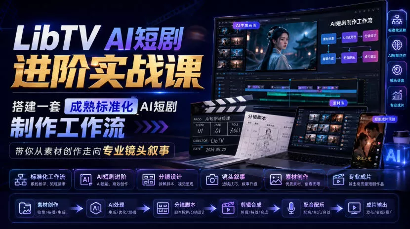 LibTV AI短剧进阶实战课，搭建一套成熟标准化AI短剧制作工作流，带你从素材创作走向专业镜头叙事_抖汇吧
