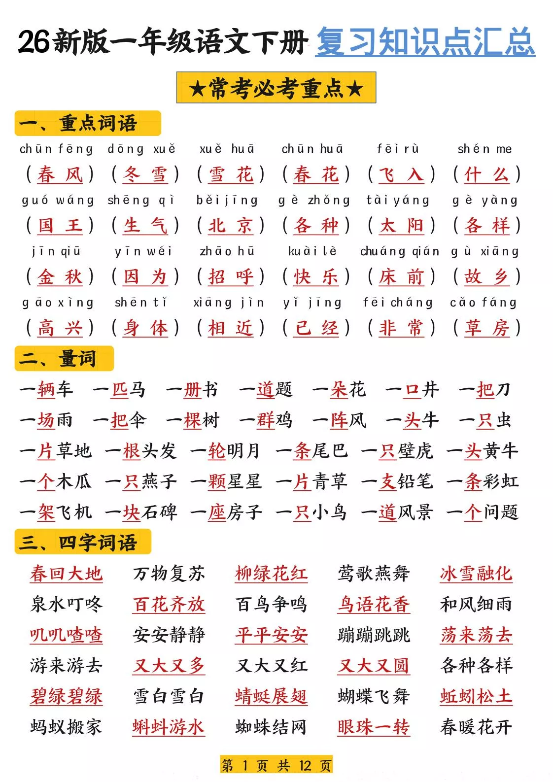 26春一年级下语文期末复习高频考点知识汇总