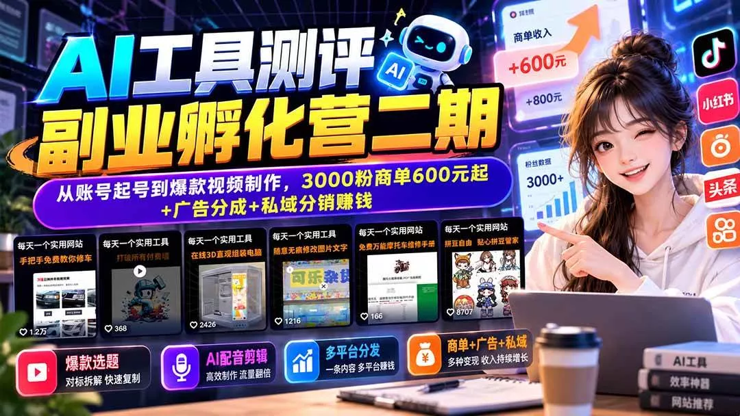 （20799期）AI工具测评副业孵化营二期：从账号起号到爆款视频制作，3000粉商单600元起+广告分成+私域分销赚钱_抖汇吧