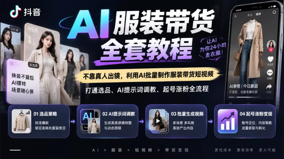 抖音AI服装带货全套教程，不靠真人出镜，利用AI批量制作服装带货短视频，打通选品、AI提示词调教、起号涨粉全流程_抖汇吧
