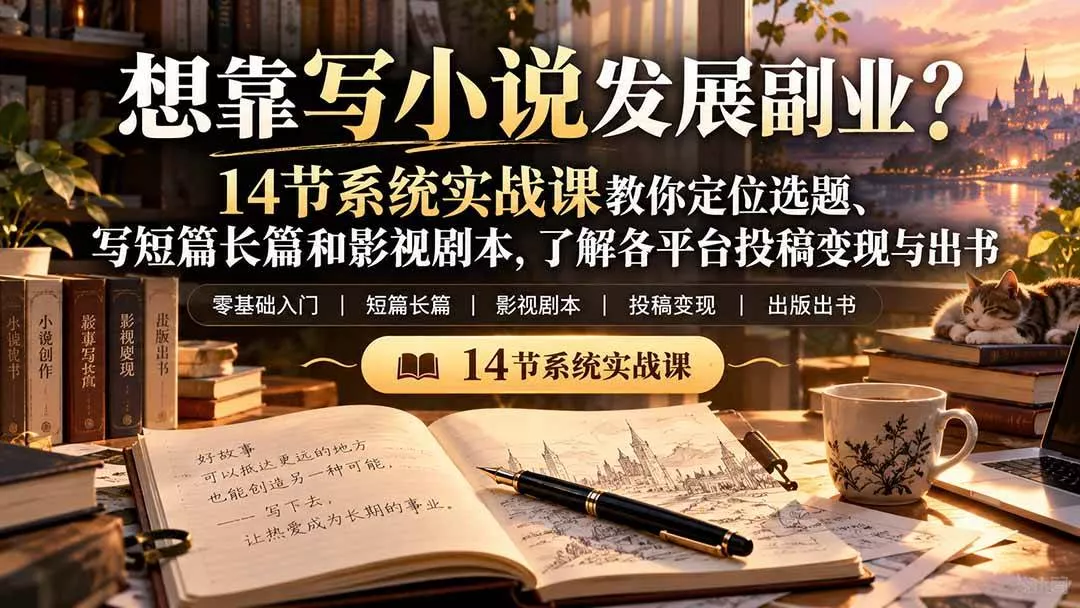 (21031期)【无水印】想靠写小说发展副业?14节系统实战课教你定位选题、写短篇长篇和影视剧本,了解各平台投稿变现与出书_抖汇吧
