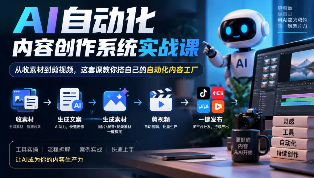 AI自动化内容创作系统实战课，从收素材到剪视频，这套课教你搭自己的自动化内容工厂_抖汇吧