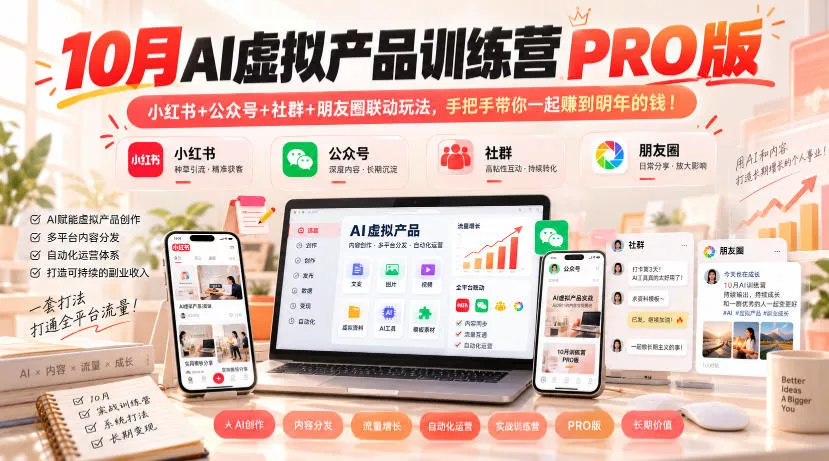 10月AI虚拟产品训练营PRO版，小红书+公众号+社群+朋友圈联动玩法，手把手带你一起赚到明年的钱！_抖汇吧
