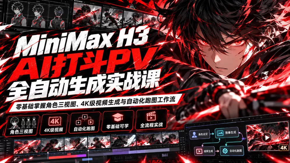 MiniMax H3 AI打斗PV全自动生成实战课:零基础掌握角色三视图、4K级视频生成与自动化跑图工作流 MiniMax H3 AI打斗PV全自动生成实战课:零基础掌握角色三视图、4K级视频生成与自动化跑图工作流