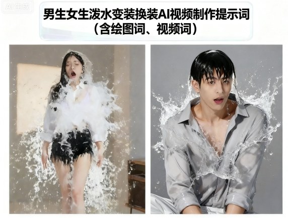 男生女生泼水变装换装AI视频制作提示词(含绘图词、视频词)_抖汇吧