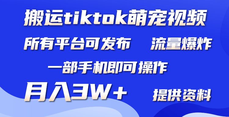 只搬运Tiktok萌宠类视频，1部手机即可。适合所有短视频平台均，月入3W+_抖汇吧