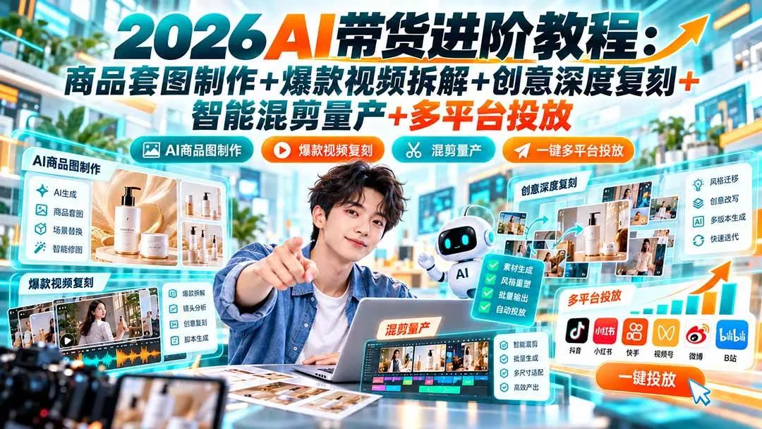 （20857期）2026AI带货进阶教程：商品套图制作+爆款视频拆解+创意深度复刻+智能混剪量产+多平台投放_抖汇吧