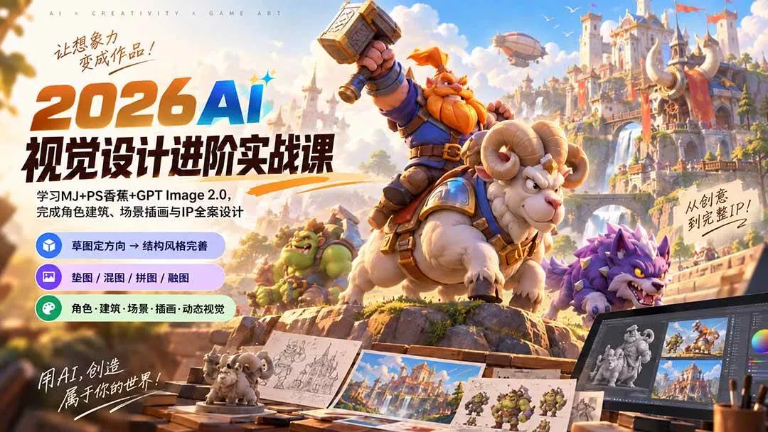 （20852期）2026AI视觉设计进阶实战课-更新1007：学习MJ+PS香蕉+GPT Image 2.0，完成角色建筑、场景插画与IP全案设计_抖汇吧