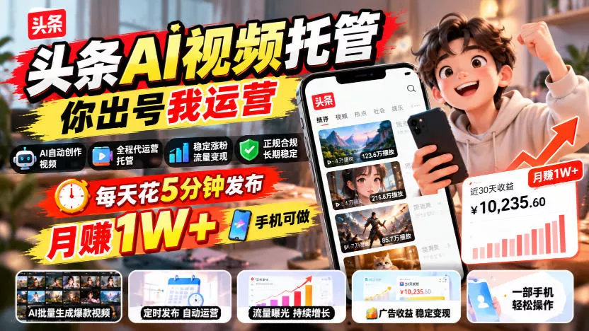头条AI视频托管，你出号我运营，每天花5分钟发布，月賺1W+，手机可做【揭秘】_抖汇吧
