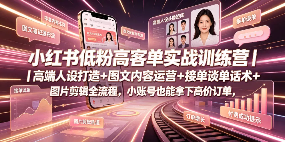 小红书低粉高客单实战训练营｜高端人设打造+图文内容运营+接单谈单话术+图片剪辑全流程，小账号也能拿下高价订单_抖汇吧