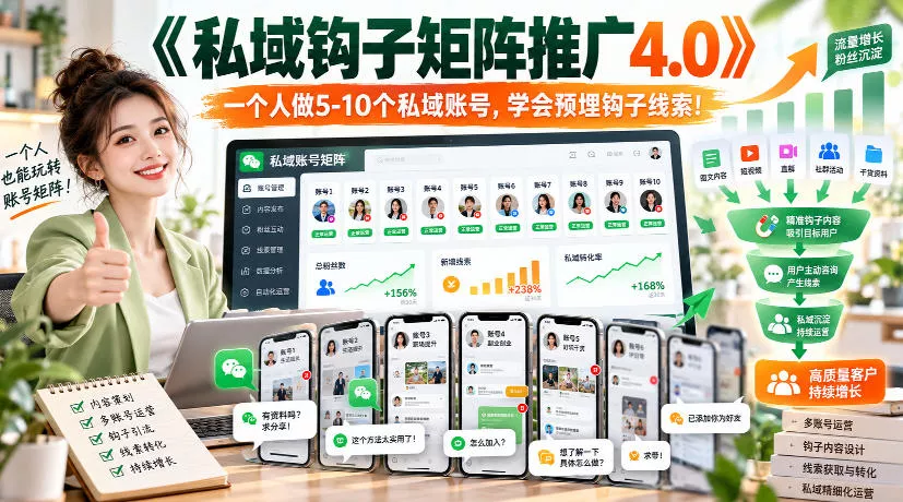【无水印】《私域钩子矩阵推广4.0》一个人做5-10个私域账号，学会预埋钩子线索！_抖汇吧