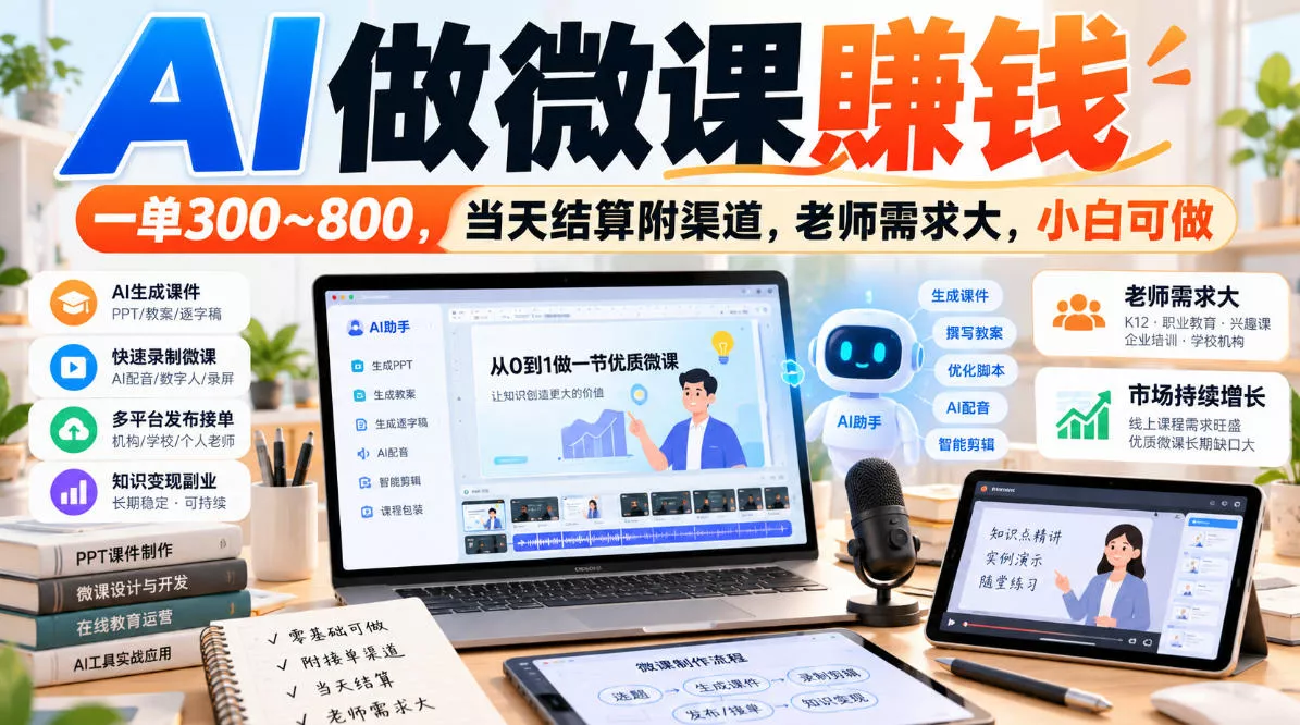 AI做微课賺钱,一单300~800,当天结算附渠道,老师需求大,小白可做