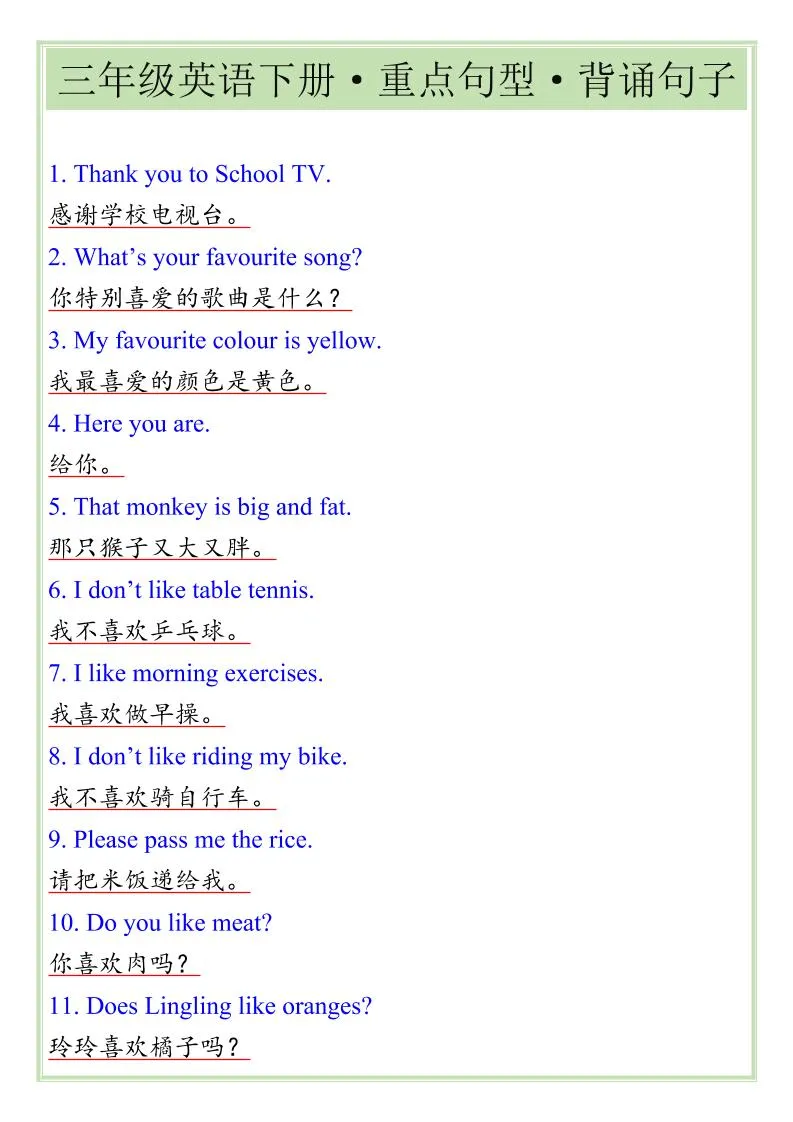 三年级下英语重点句型专项《人教版PEP》