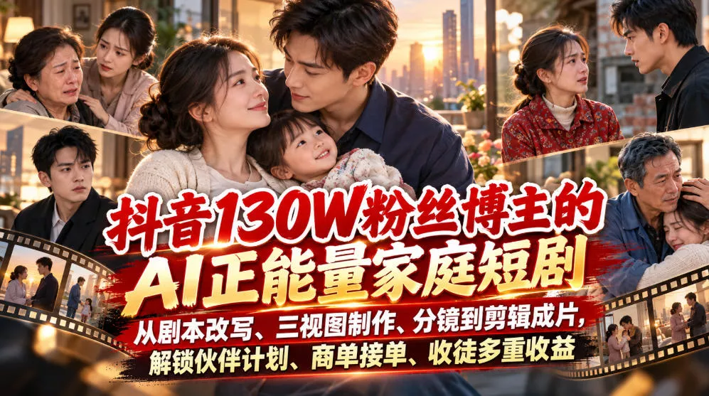 抖音130W粉丝博主的AI正能量家庭短剧，从剧本改写、三视图制作、分镜到剪辑成片，解锁伙伴计划、商单接单、收徒多重收益_抖汇吧