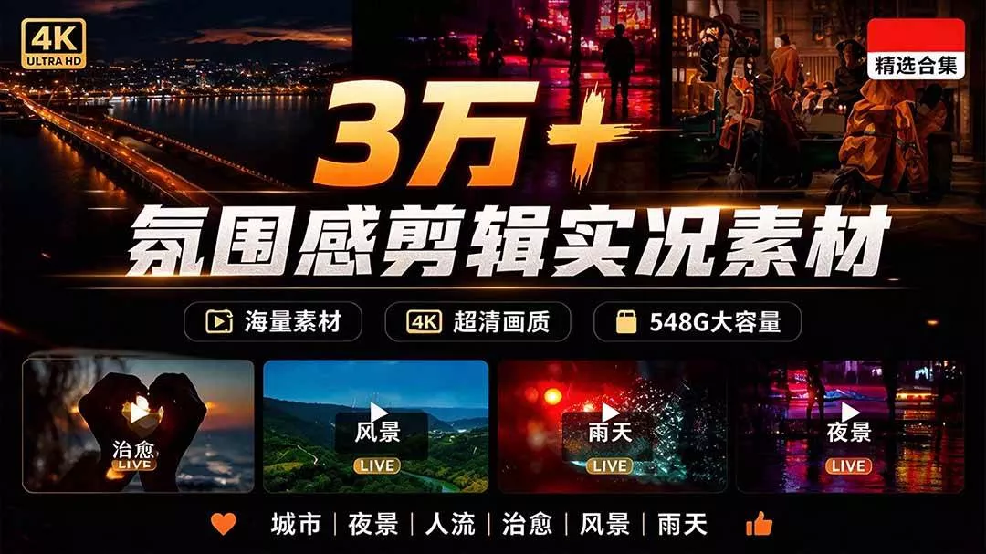 （21009期）氛围感3万+海量高清剪辑实况素材，含雨天、雪天、夜景、街道等经典场景，伤感唯美励志短视频无水印素材_抖汇吧