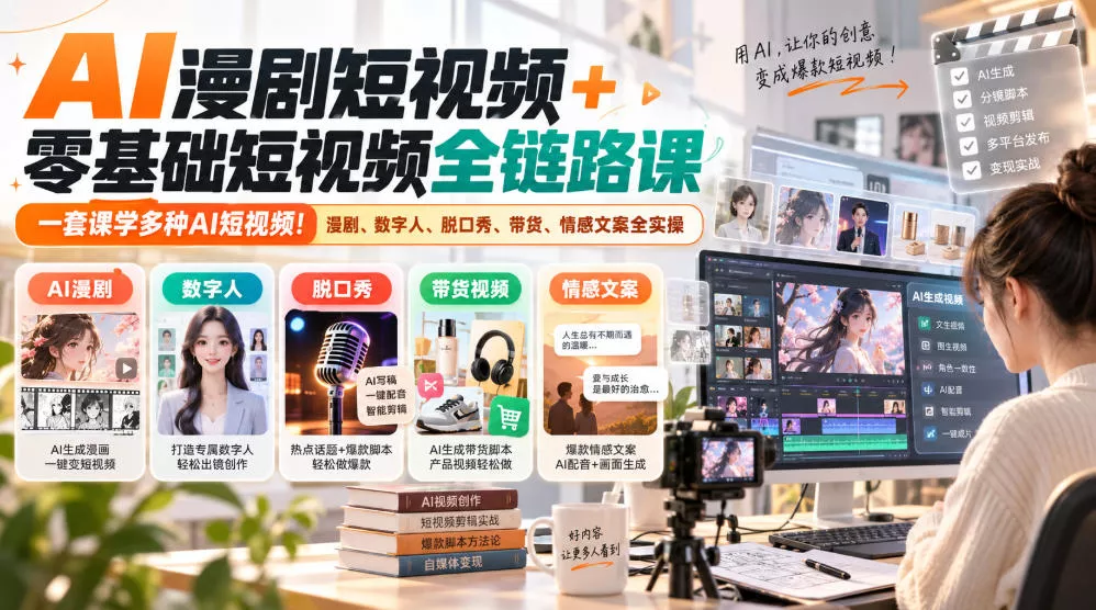 AI漫剧短视频+零基础短视频全链路课，一套课学多种AI短视频！漫剧、数字人、脱口秀、带货、情感文案全实操_抖汇吧
