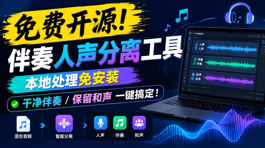 免费开源！伴奏人声分离工具，本地处理免安装，干净伴奏，保留和声一键搞定！_抖汇吧