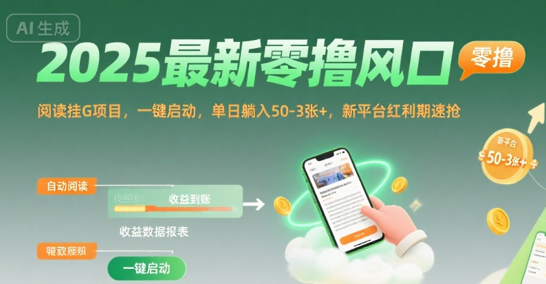 2025最新零撸风口，阅读挂G项目，一键启动，单日躺入 50-3张+，新平台红利期速抢【揭秘】_抖汇吧