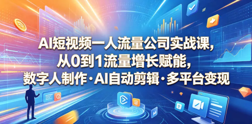 AI短视频一人流量公司实战课,从0到1流量增长赋能,数字人制作・AI自动剪辑・多平台变现,一人做流量生意全落地教程