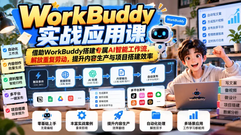 WorkBuddy实战应用课，借助WorkBuddy搭建专属AI智能工作流，解放重复劳动，提升内容生产与项目搭建效率_抖汇吧